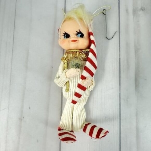 Vintage Rubber Face Pixie Elf Christmas Ornament Japan White Red 5" - Picture 1 of 6